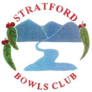 Stratford Bowls Club logo: blue mountains and river, red text, green leaves with red berries.