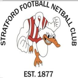 Logo for Stratford Football Netball Club, featuring a cartoon swan in a red and white striped jersey, flexing its arm.