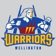 Warriors Wellington logo: Blue and gold warrior figure with the word 