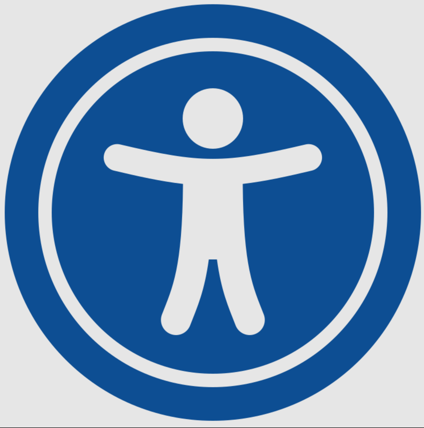 Person with outstretched arms in a blue circle, representing accessibility.