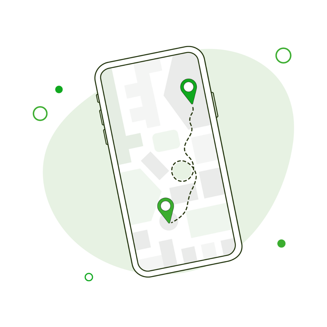 Smartphone with a map displaying a route between two green location markers.
