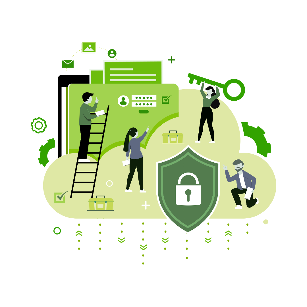 People securing data with a lock and key on a green cloud, symbolizing cybersecurity.