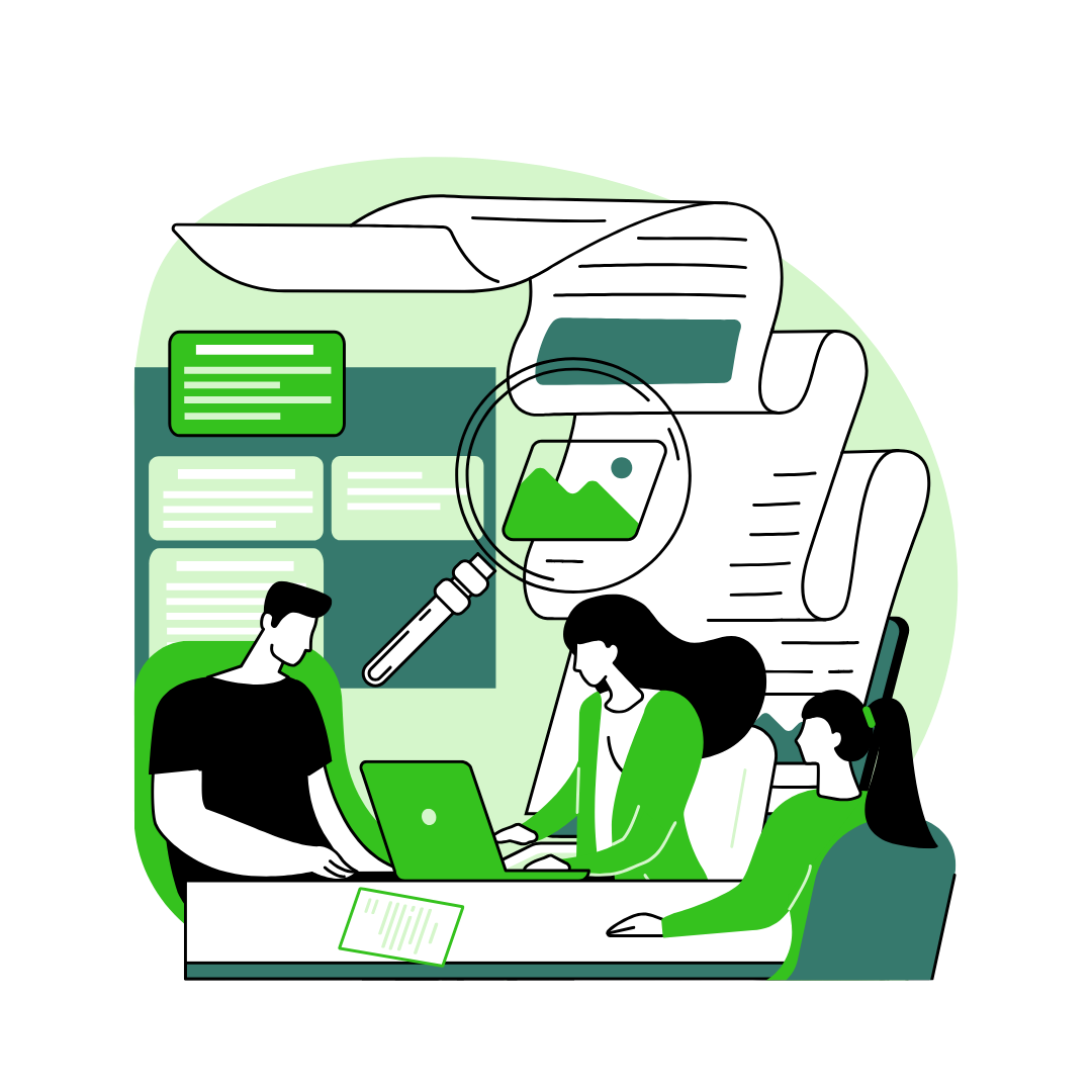 Team reviewing documents, magnifying image, using laptops, green and white.