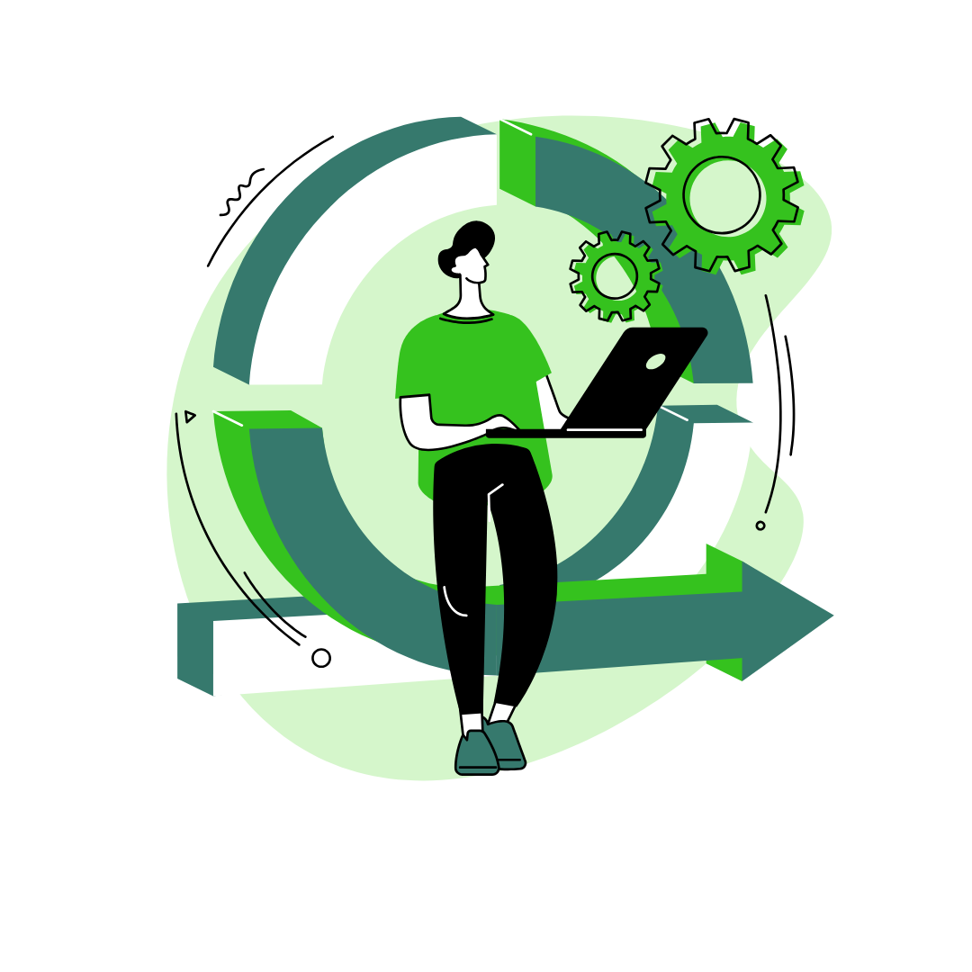 Man with laptop, standing amidst green arrows and gears, symbolizing a software update or process.