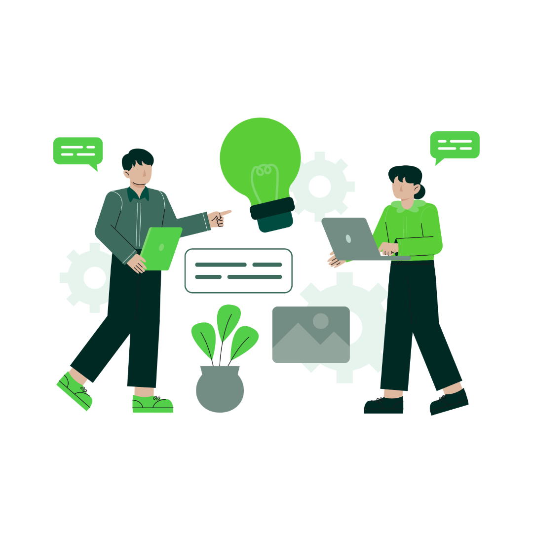 Woman with pencil by a checklist, gears and lightbulb, brainstorming and planning.