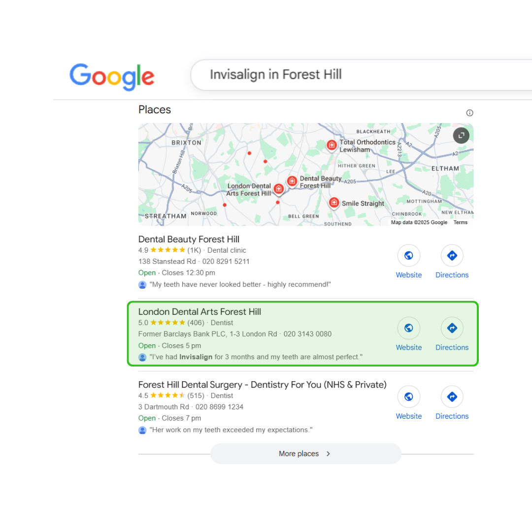 Google search results for Invisalign in Forest Hill, showing a map and local dental practices.