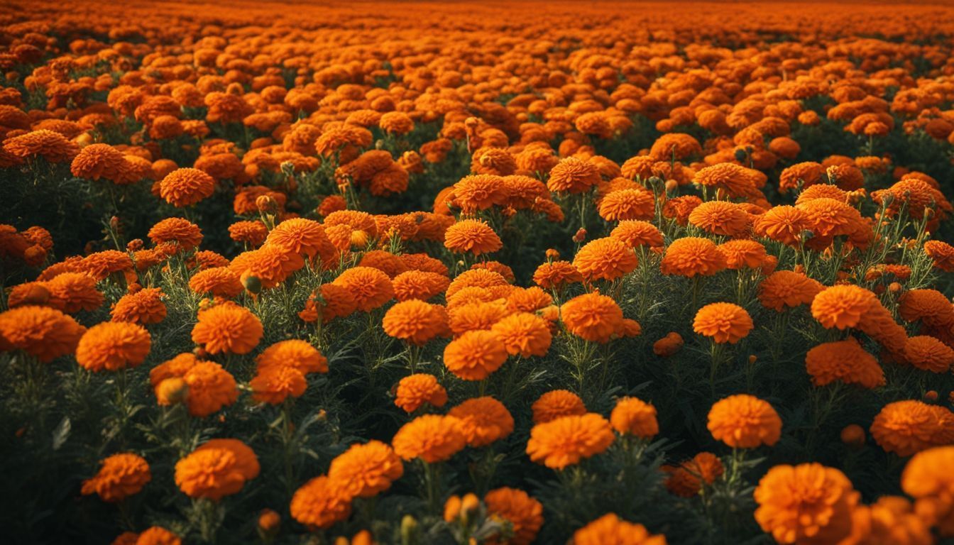 A vibrant field of orange marigold flowers in sharp focus.