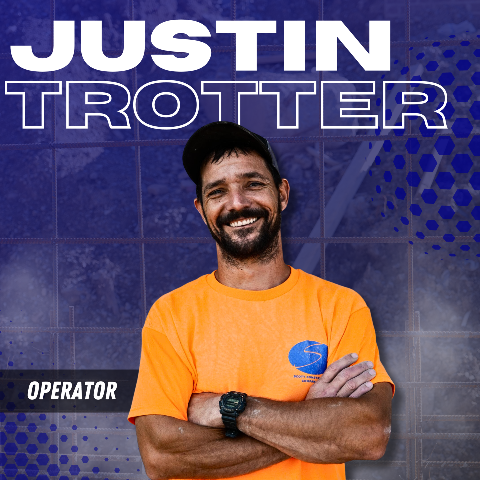 A man in an orange shirt is standing with his arms crossed under the name justin trotter