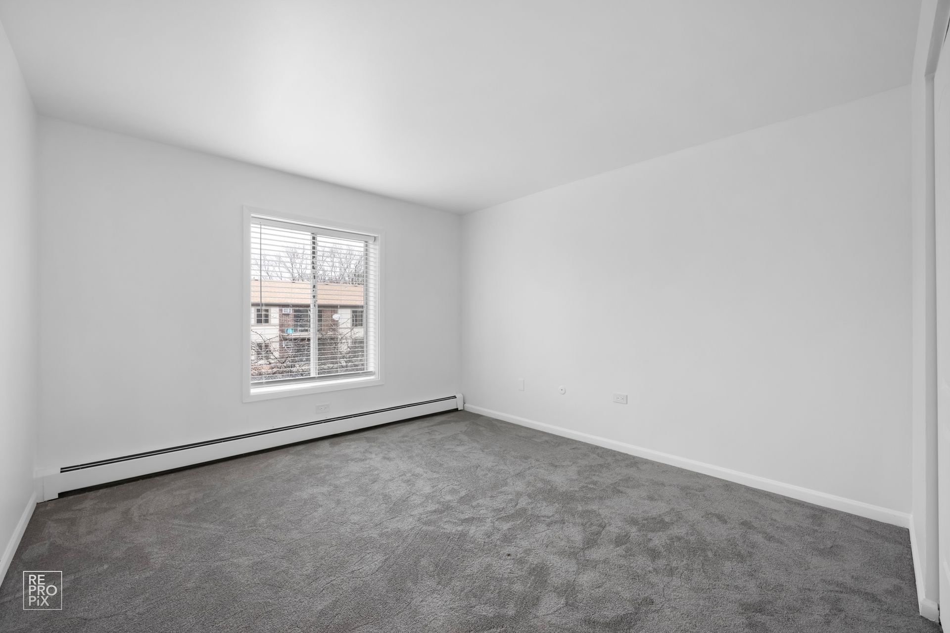 An empty bedroom with a window and a gray carpet.