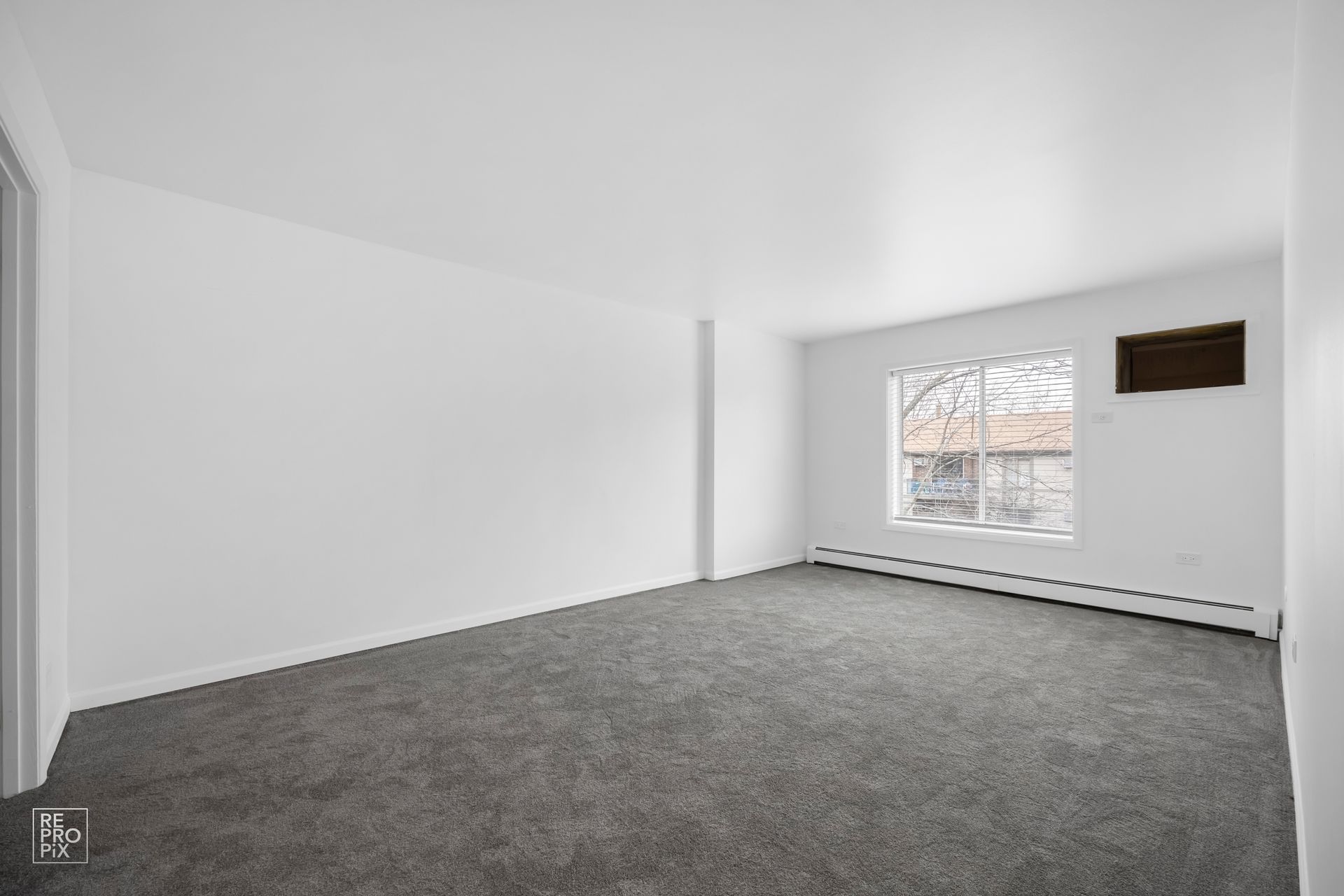 An empty living room with a gray carpet and two windows.