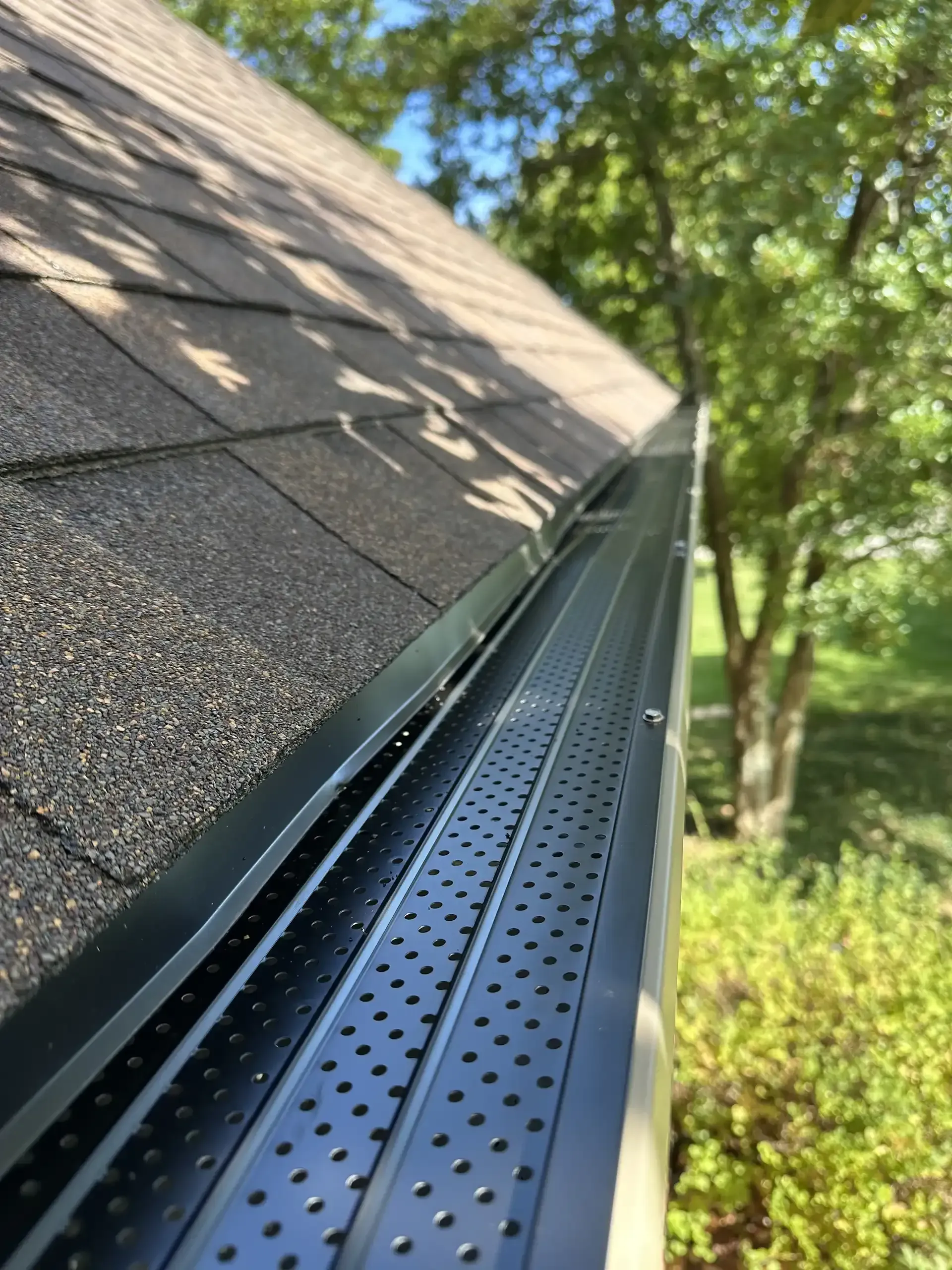 Black gutter with perforated metal mesh installed on a roof with asphalt shingles.