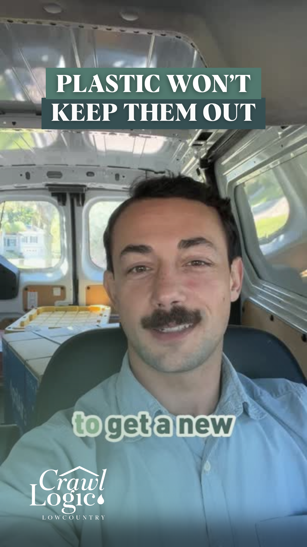 Man with mustache in a van, text says