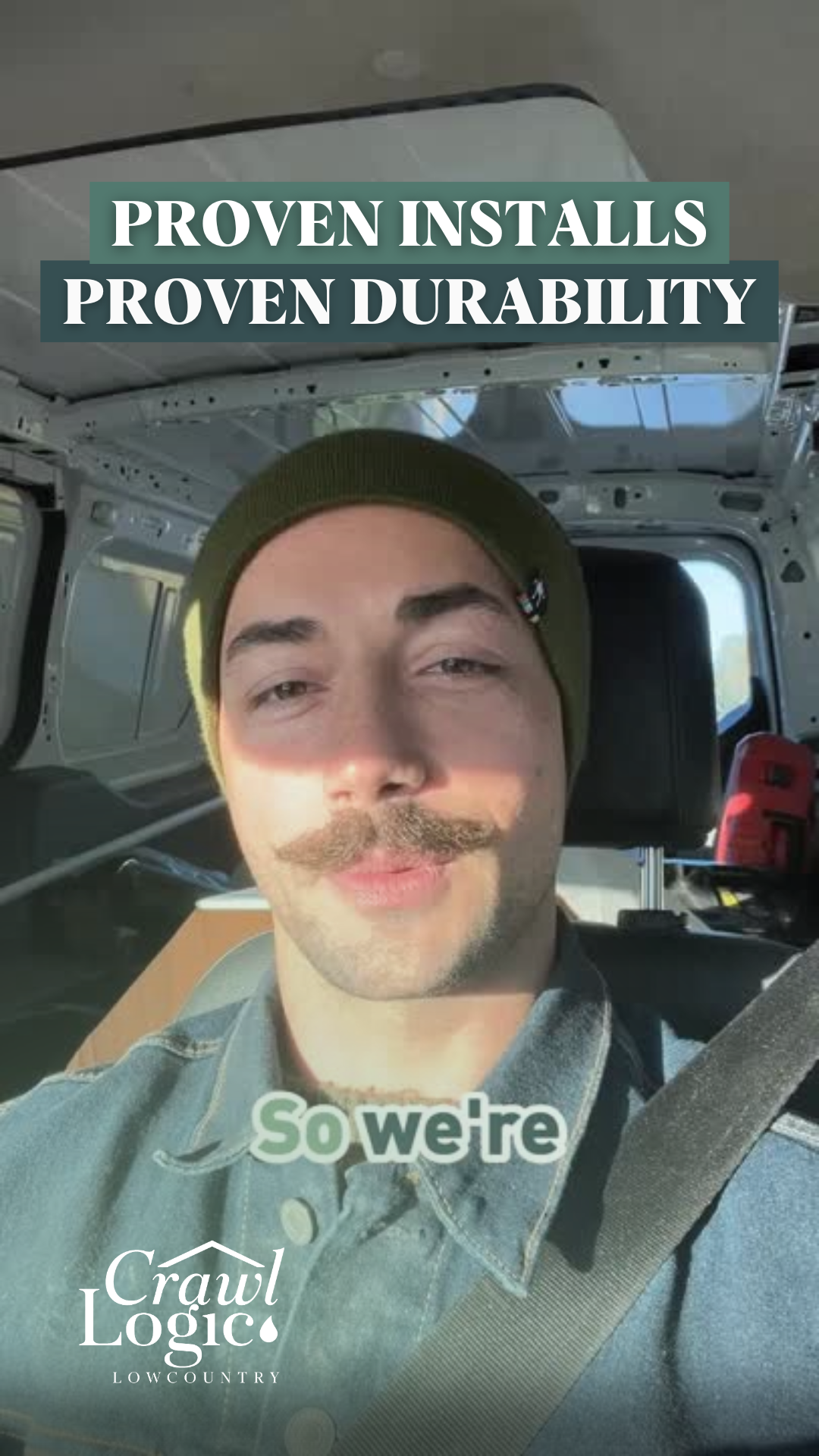 Man with mustache in a van, speaking. Text: