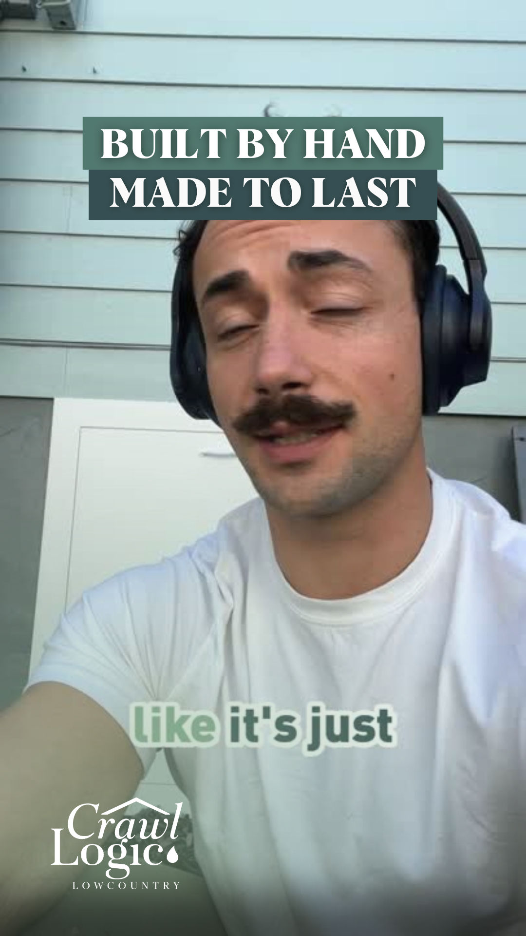 Man with mustache and headphones talking, text overlay reads: