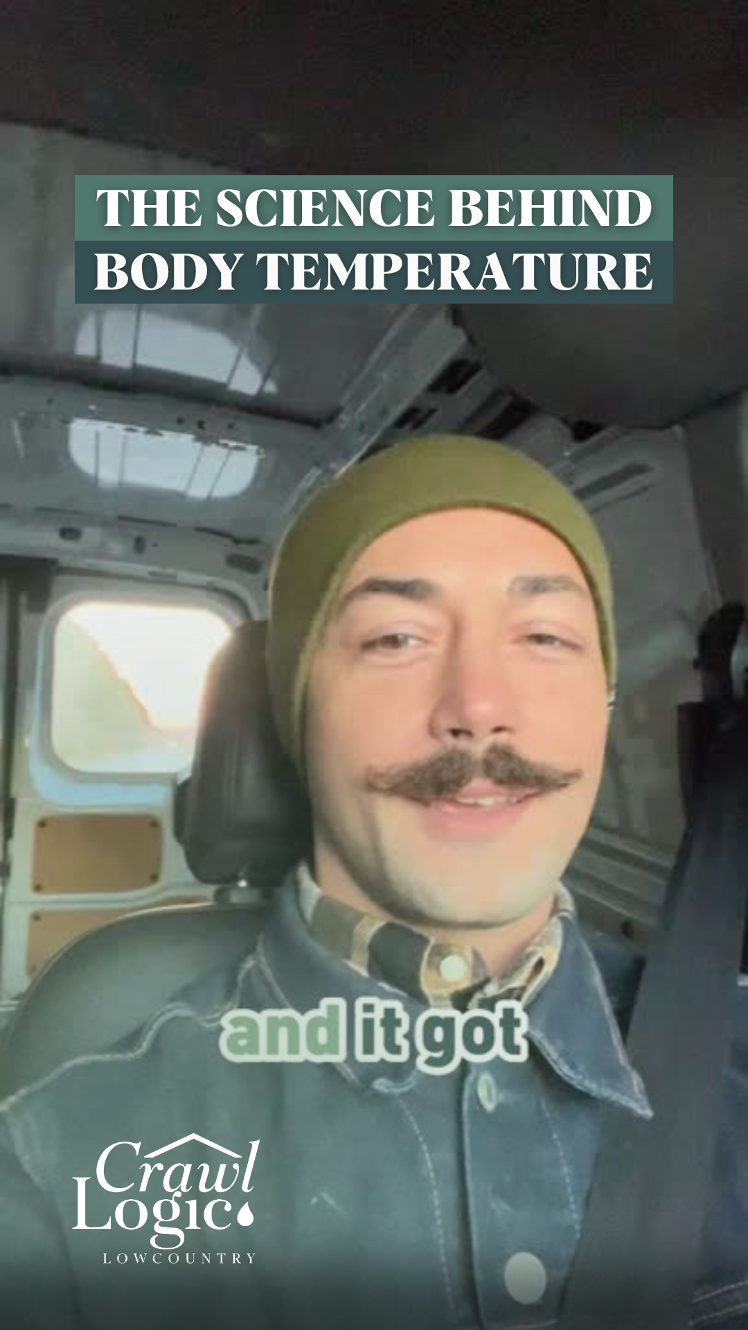 Man in a beanie discusses body temperature science. Text overlay: 