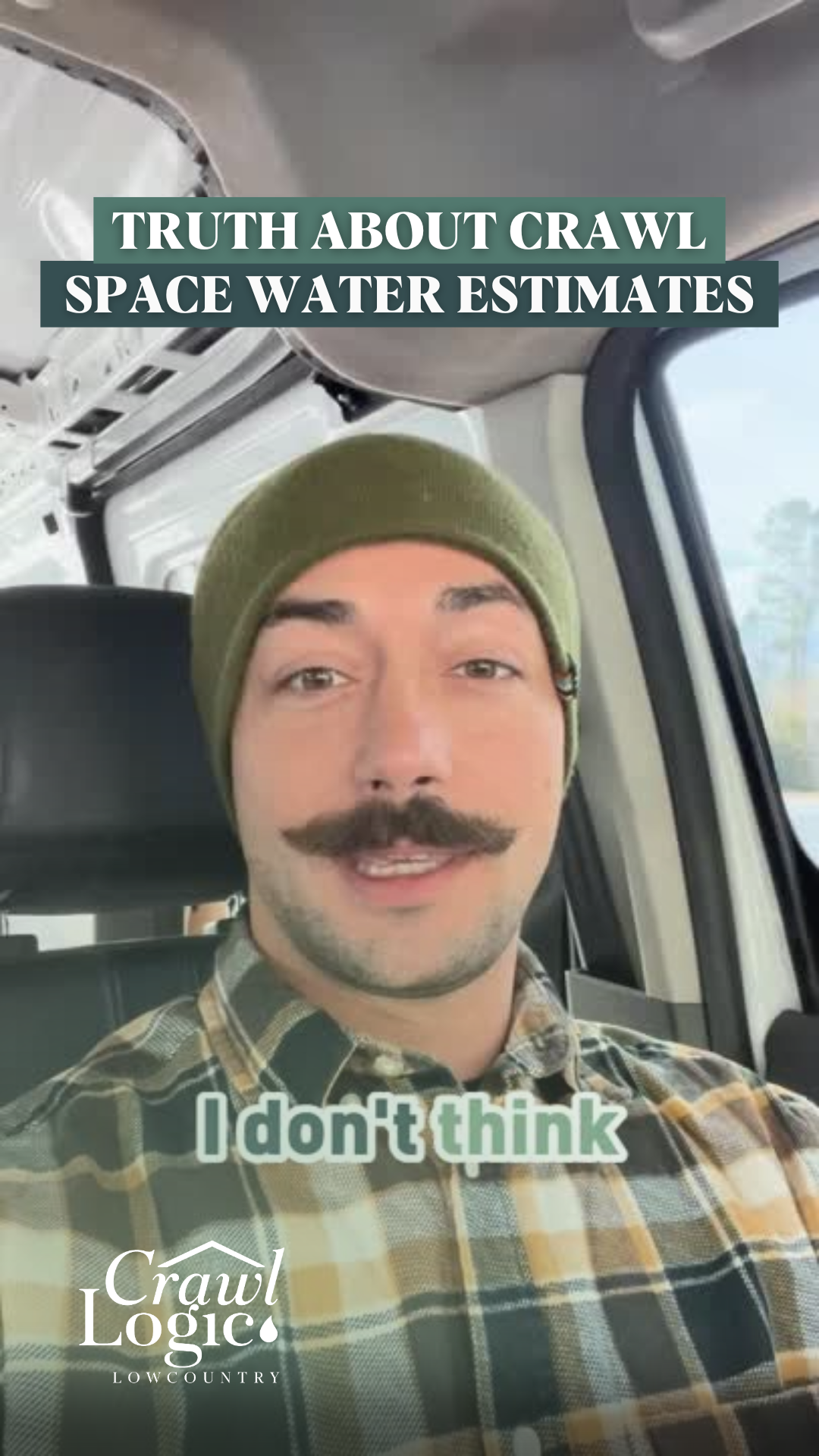 Man with mustache, green beanie in vehicle; text: 