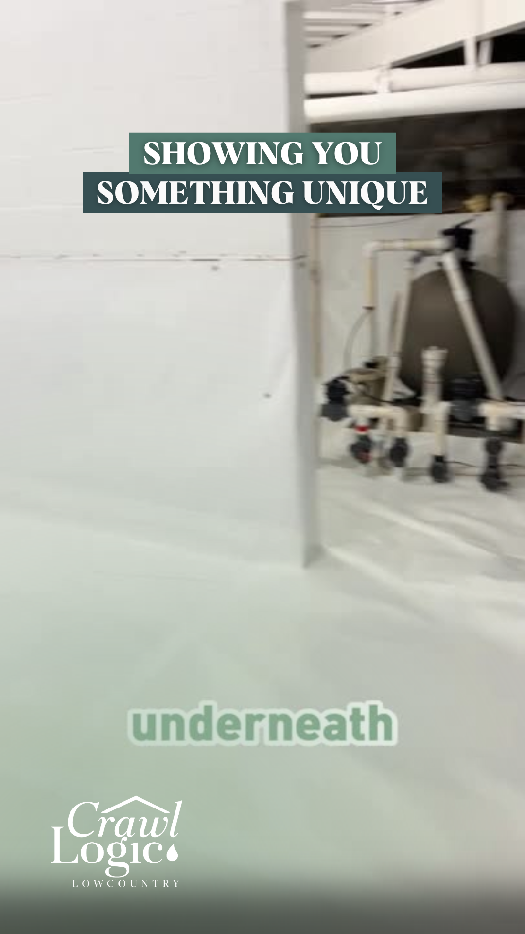 White interior with machinery, text: 