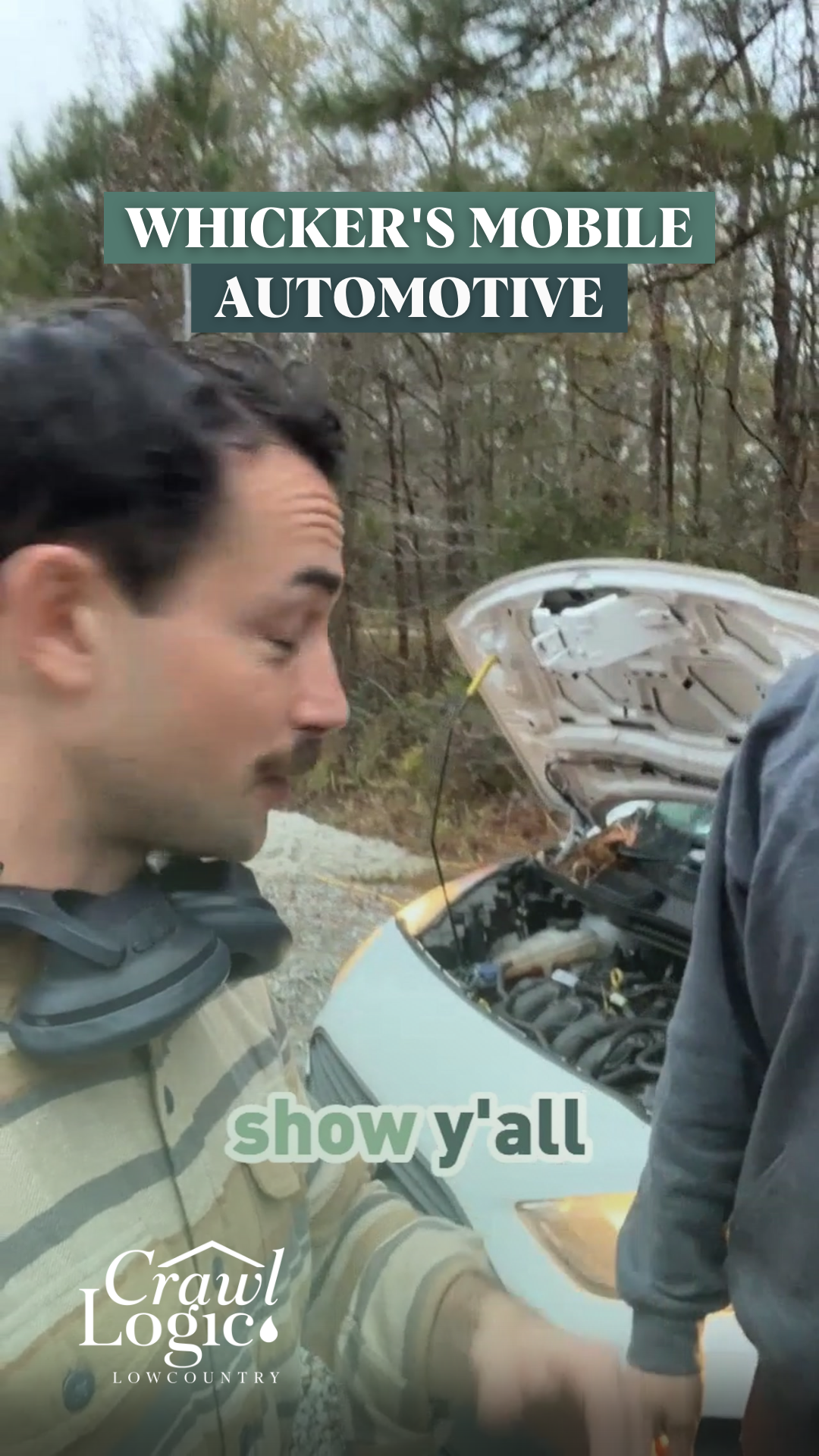 Man with mustache beside car, hood open;