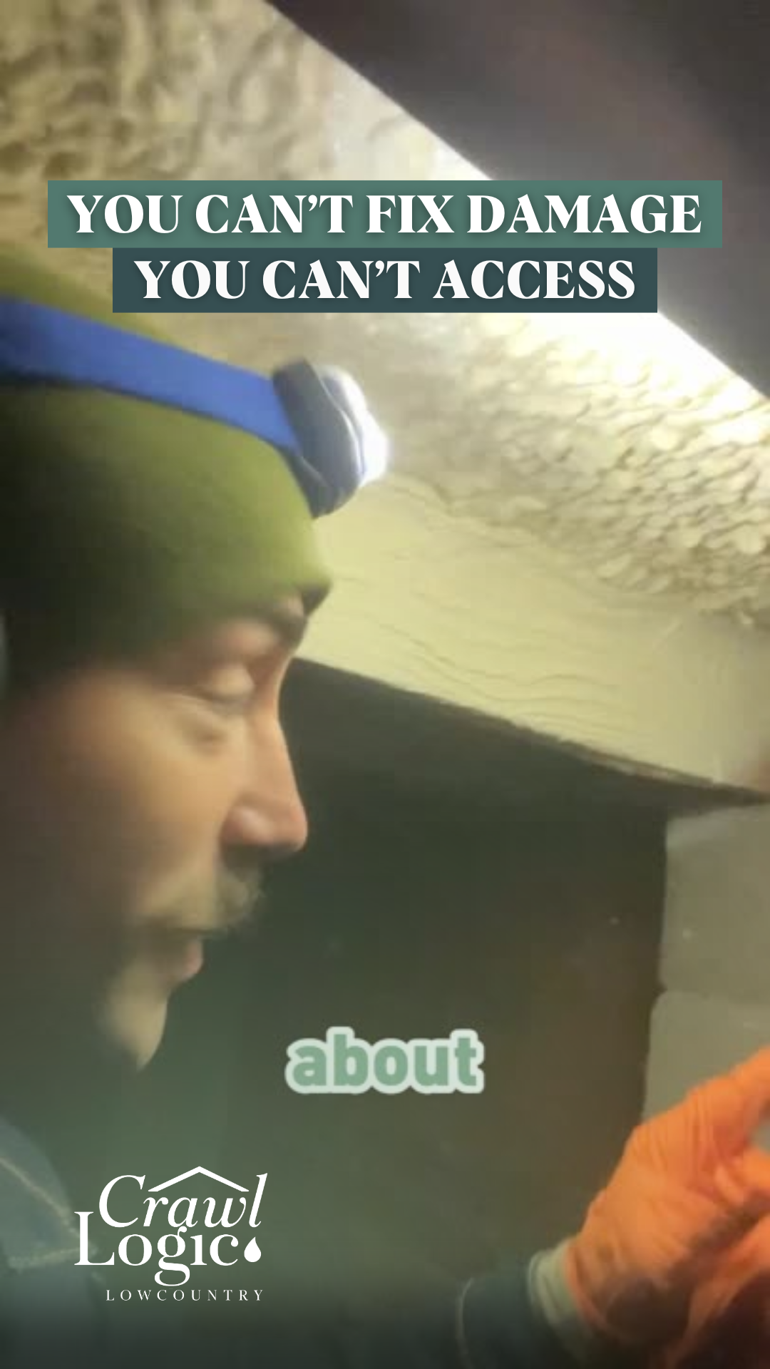 Man with headlamp inspecting a crawl space. Text says