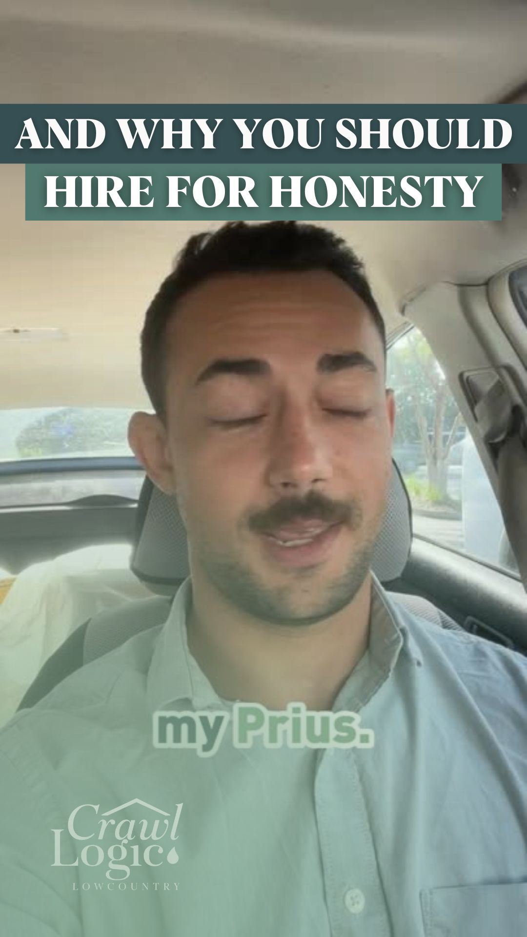 A man with a mustache is sitting in a car with his eyes closed.