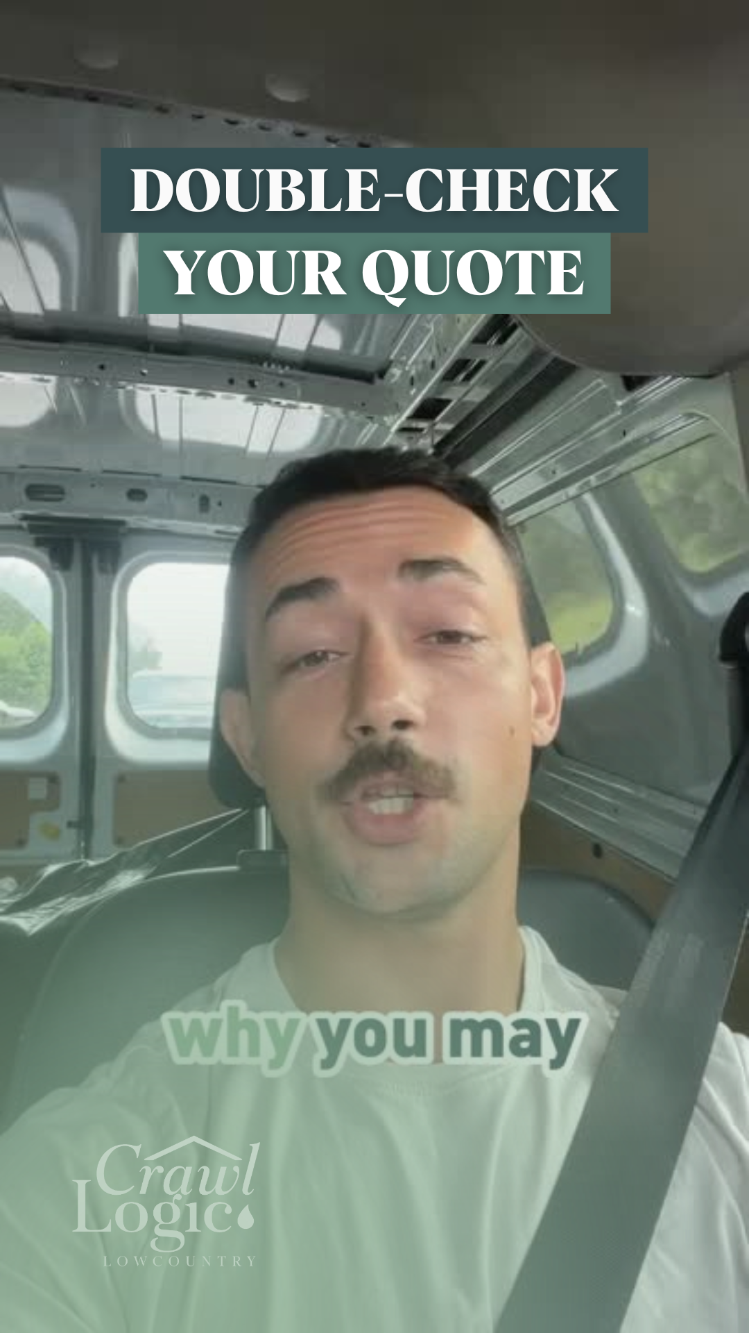 A man with a mustache is sitting in the back seat of a van.