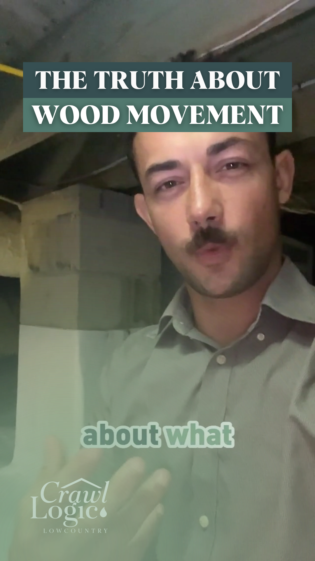 Man in a shirt talking about wood movement. Text overlay: