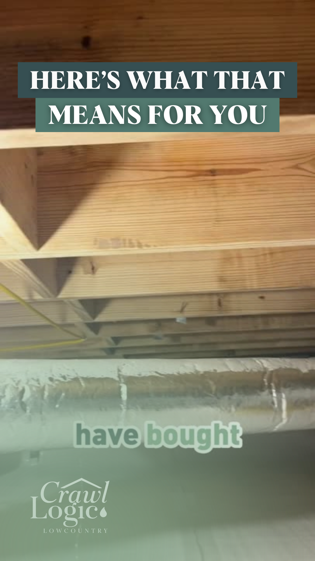 Wooden beams and ductwork in a crawl space. Text overlays: