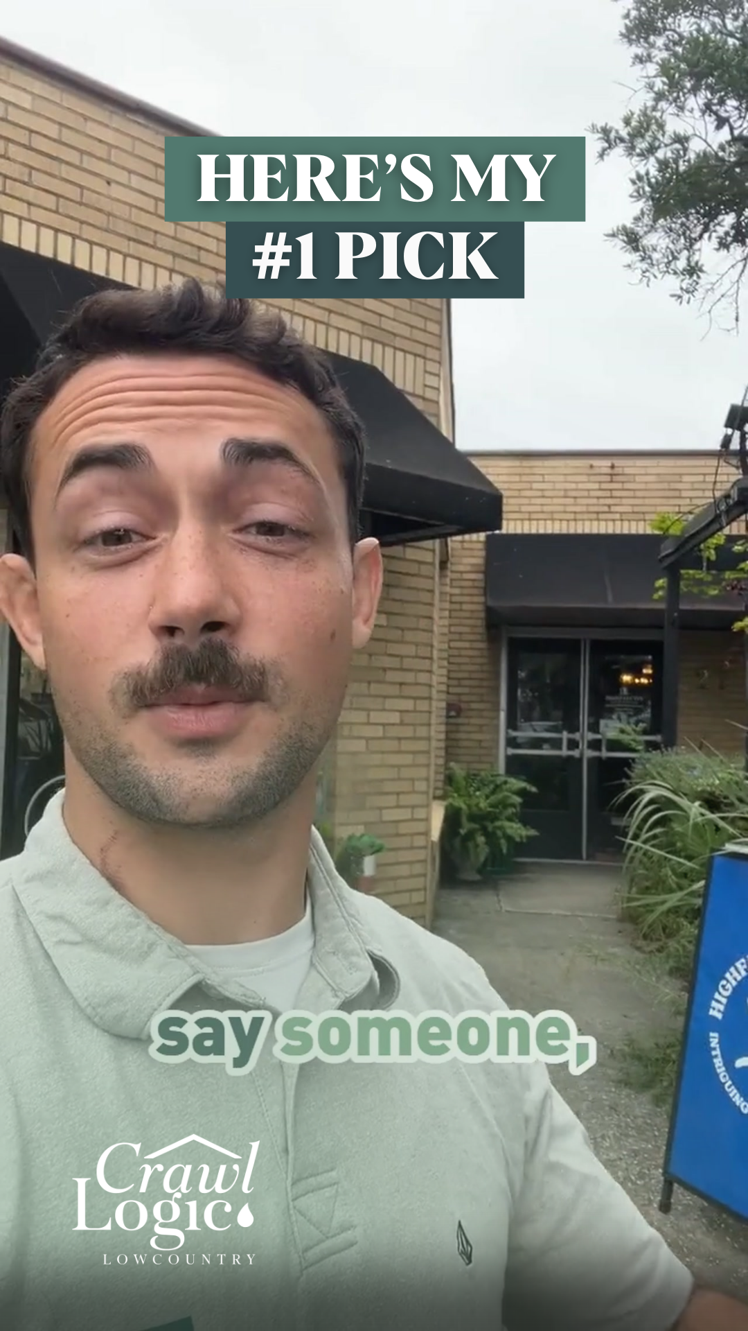Man in front of a restaurant, text says
