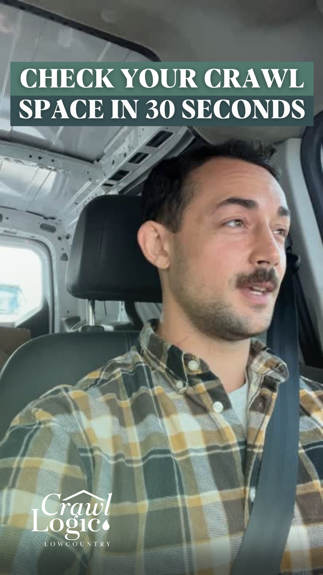 Man in a car speaks about crawl space inspections. Text reads