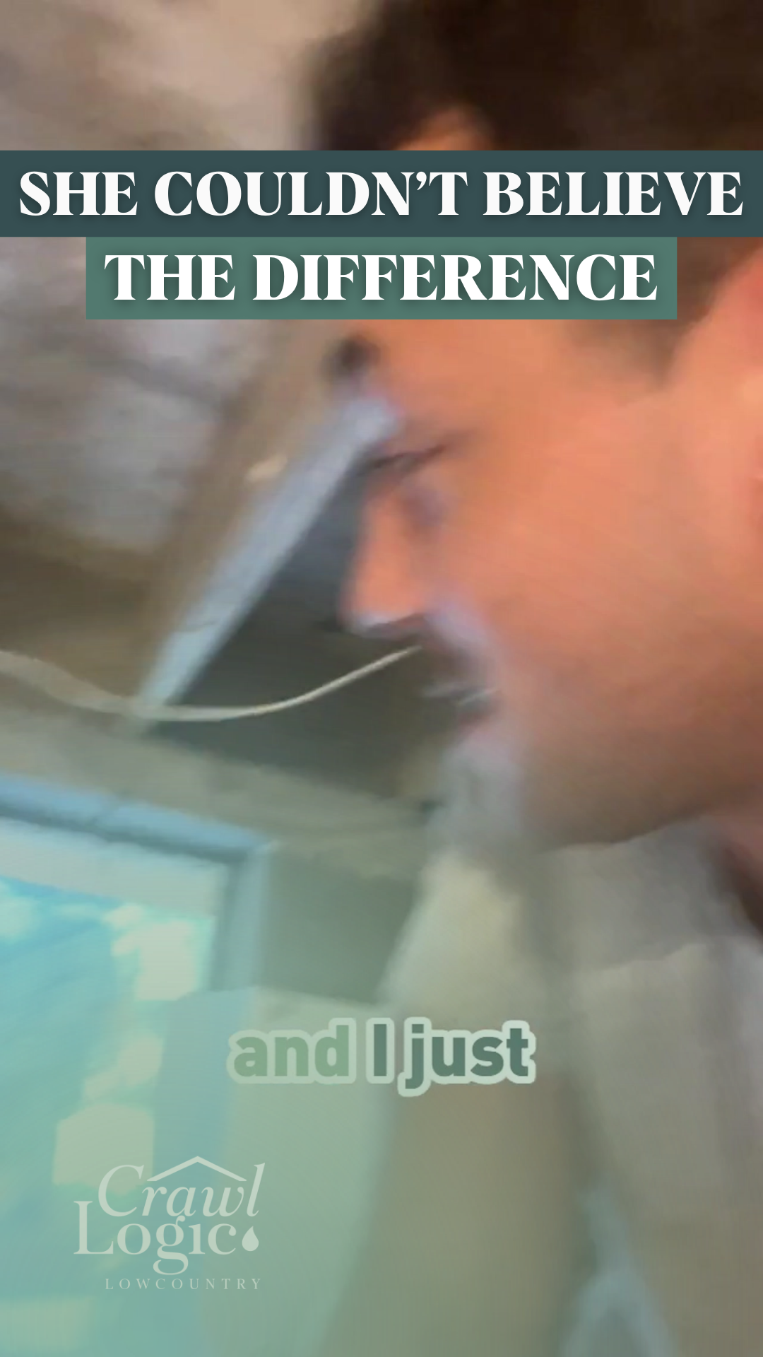 Man looking into an open crawlspace, possibly inspecting something. Text: 