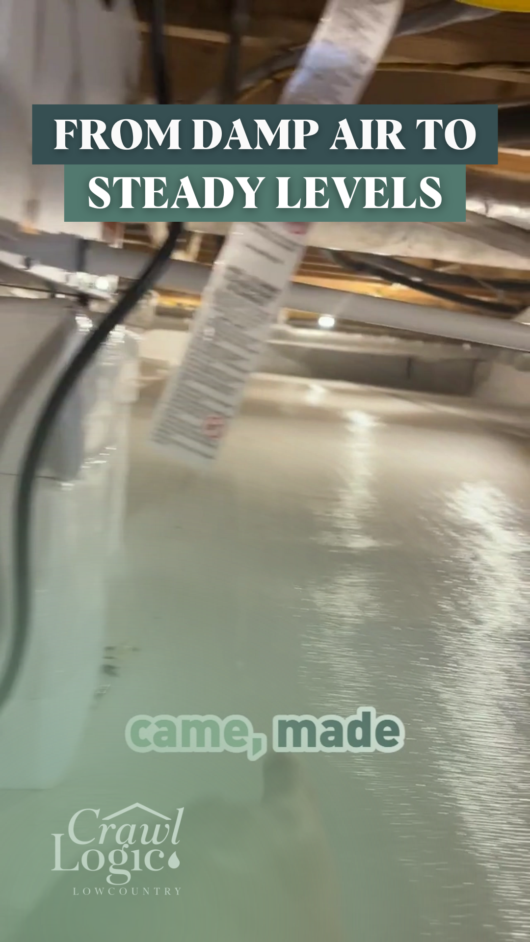 Crawl space with white liner. Text reads