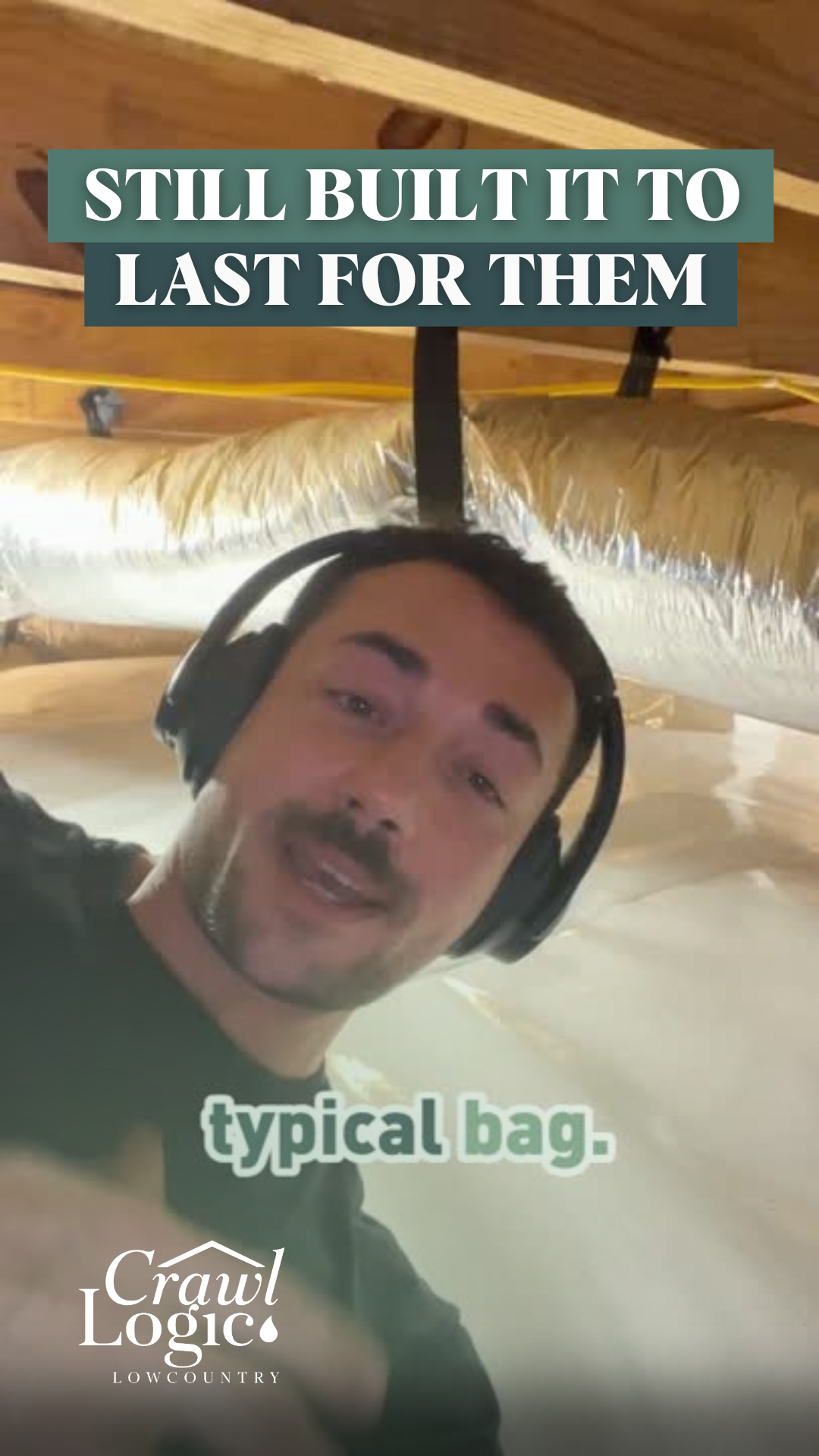 Man wearing headphones in an attic with text 