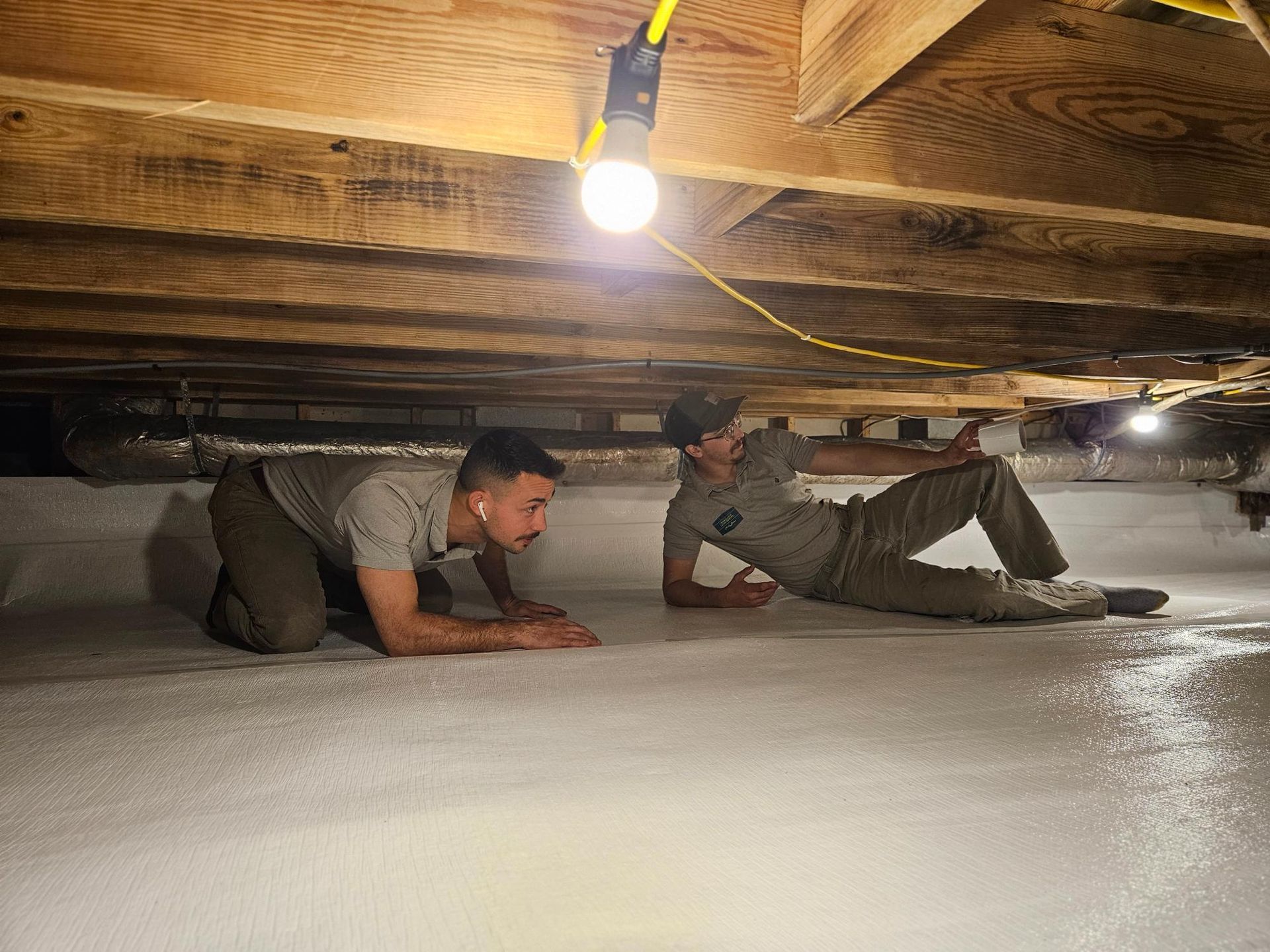 Two men are crawling under a house in a basement.