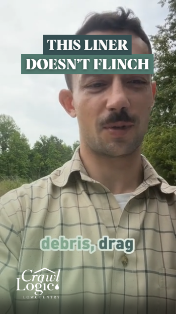 A man with a mustache is wearing a plaid shirt that says this liner does n't flinch