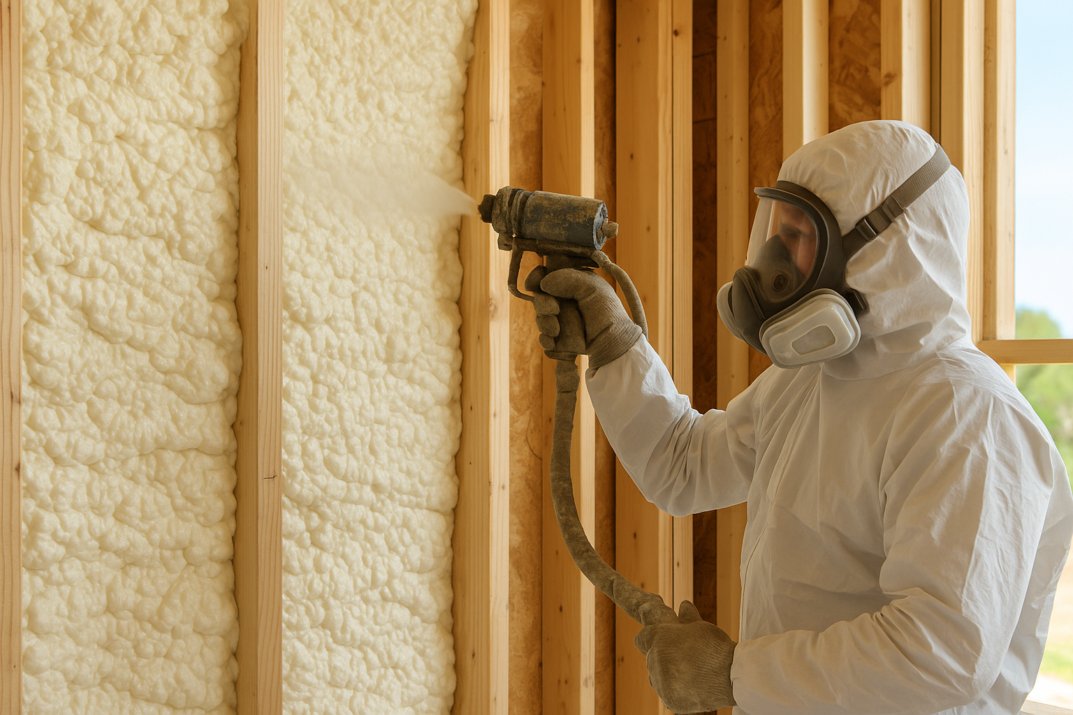 A person is holding a flashlight in an attic filled with pink insulation.