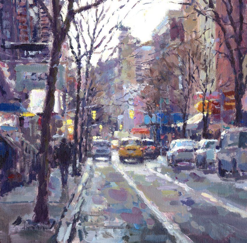 Painting of a winter afternoon on MacDougal Street, New York  by David Farren