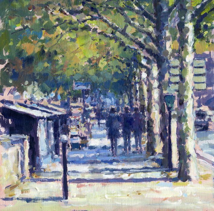 painting of the Seine with booksellers , Paris by David Farren