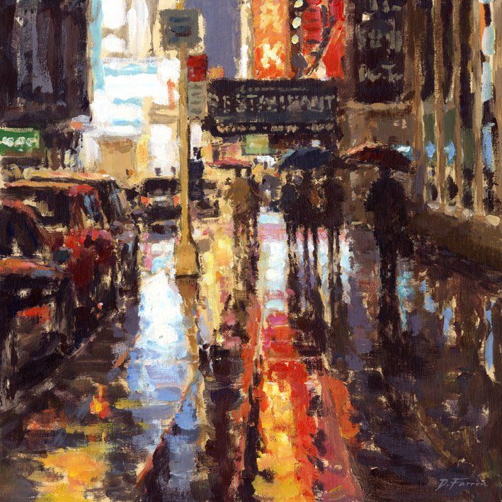 painting of neon reflections, New York by David Farren