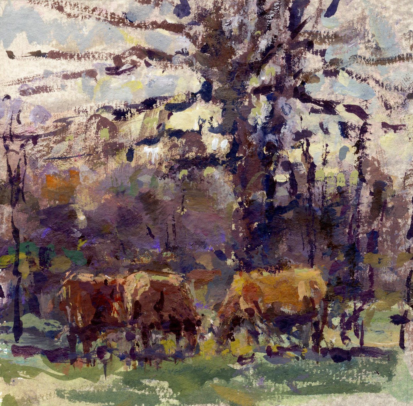 landscape painting of cows and an oak tree by artist David Farren