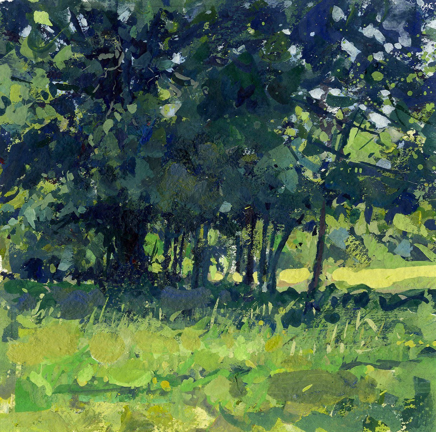 Gouache painting of an oak tree in summer by David Farren