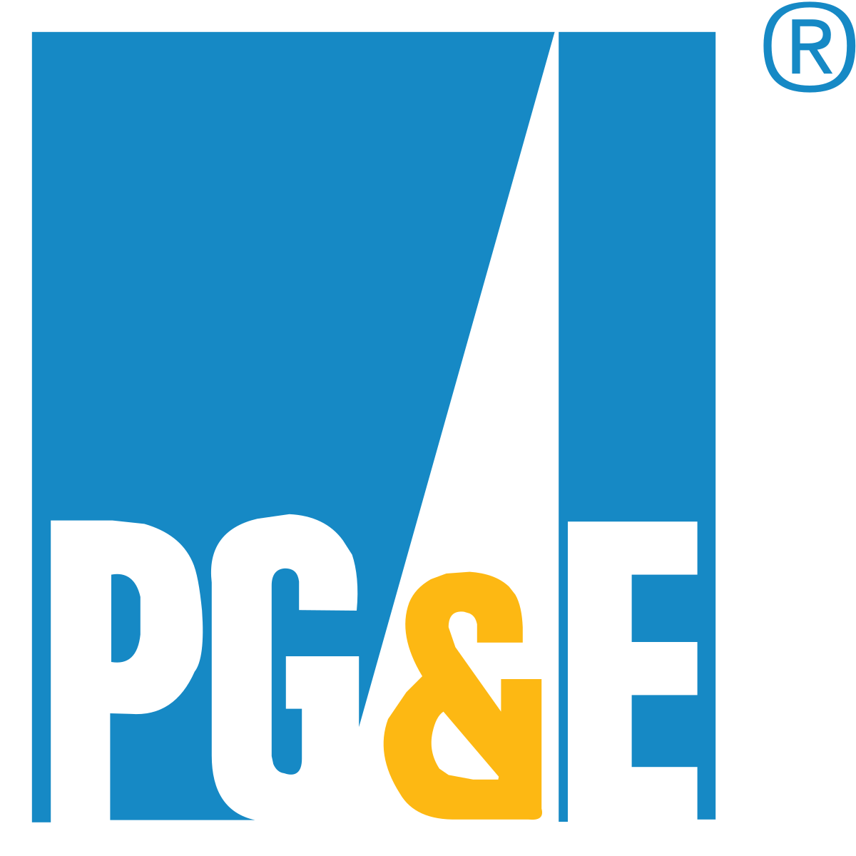A blue and white logo for pg & e