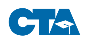A blue and white logo for cta with a graduation cap.