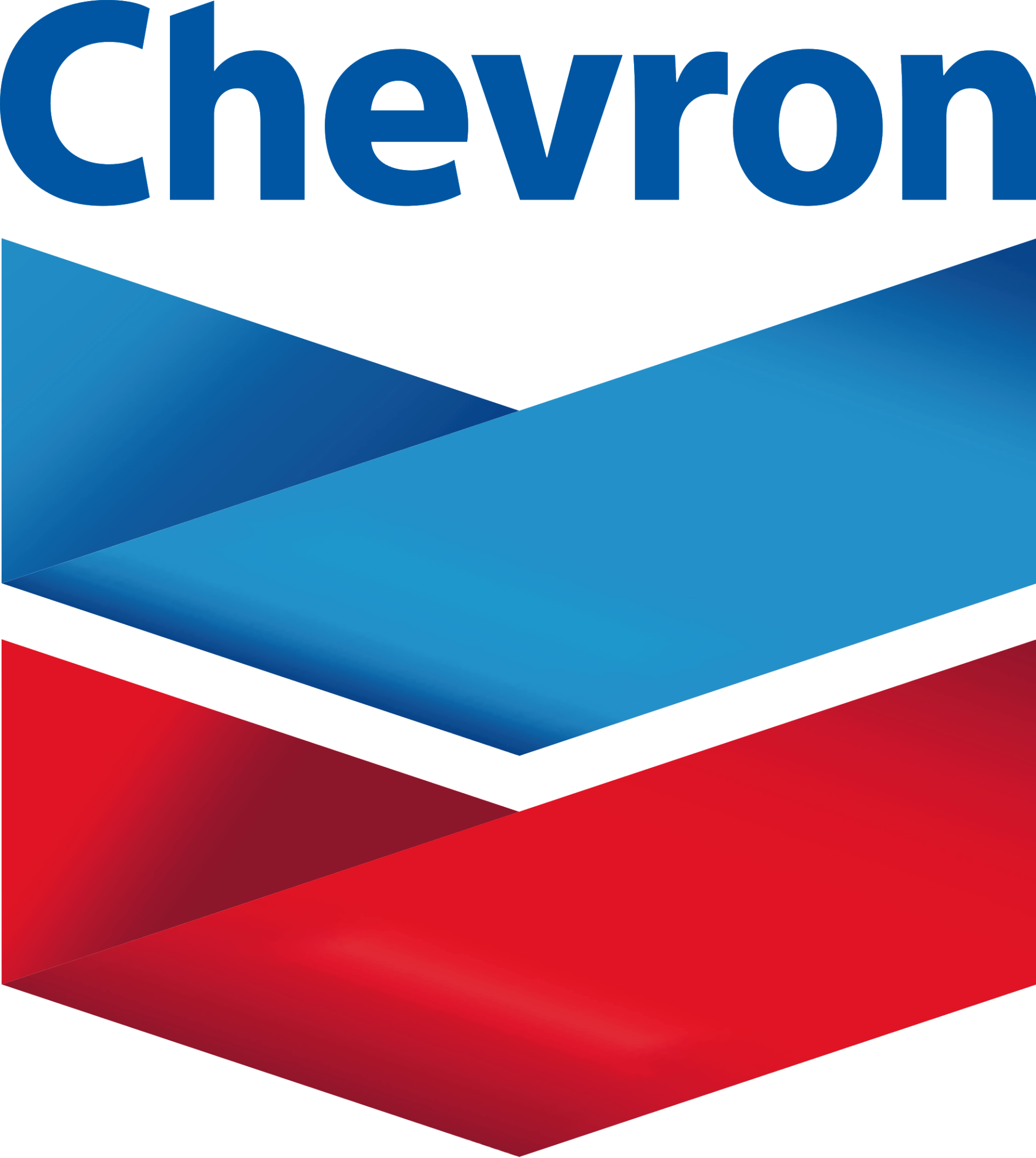 A blue and red chevron logo on a white background