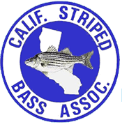 A logo for california striped bass asssoc with a fish in the center.