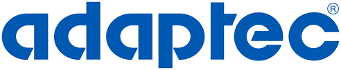 A blue adaptec logo on a white background