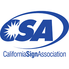 The california sign association logo is blue and white with a star in the middle.