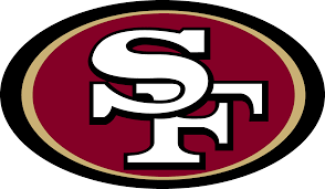 The logo for the san francisco 49ers is a red and gold oval.