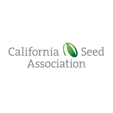 The logo for the california seed association is a green seed with a leaf on it.