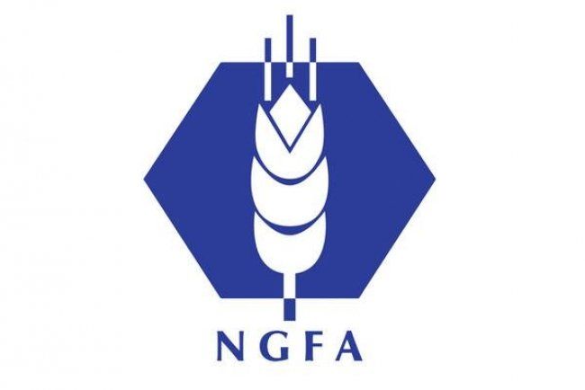 A logo for ngfa shows a wheat ear in a blue hexagon