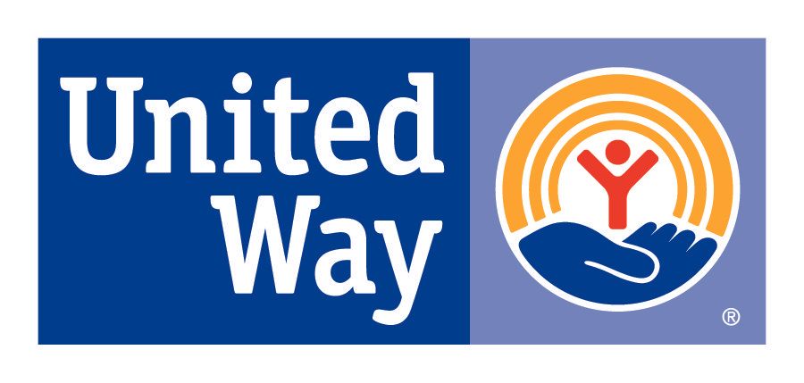 The united way logo is blue and orange with a hand holding a person.